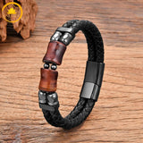 alt="Bracelet homme en cuir tressé noir avec pierre naturelle œil de taureau rouge"
