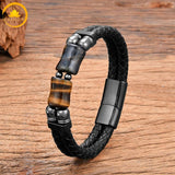 alt="Bracelet homme en cuir tressé noir avec pierres naturelles œil de faucon et œil de tigre"
