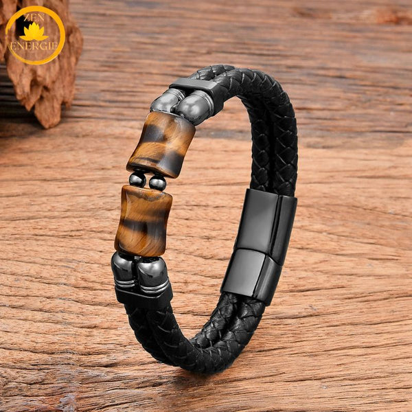 alt="Bracelet homme en cuir tressé noir avec pierres naturelles œil de tigre doré"
