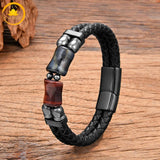 alt="Bracelet homme en cuir tressé noir avec pierres naturelles œil de tigre et perles énergétiques"
