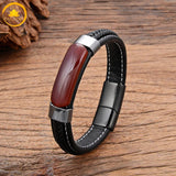 alt="Bracelet en cuir noir avec pierre naturelle agate rouge et fermoir métallique noir"
