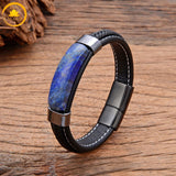 alt="Bracelet en cuir noir avec pierre naturelle lapis lazuli et fermoir métallique noir"
