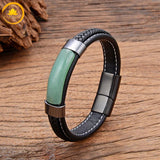alt="Bracelet en cuir noir avec pierre naturelle aventurine verte et fermoir métallique noir"
