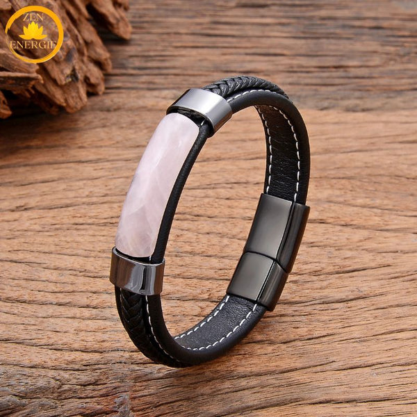 alt="Bracelet en cuir noir avec pierre naturelle quartz rose et fermoir métallique noir"
