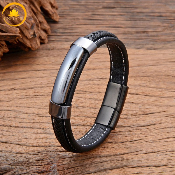 alt="Bracelet en cuir noir avec pierre naturelle hématite et fermoir métallique noir"
