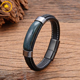 alt="Bracelet en cuir noir avec pierre naturelle agate indienne et fermoir métallique noir"
