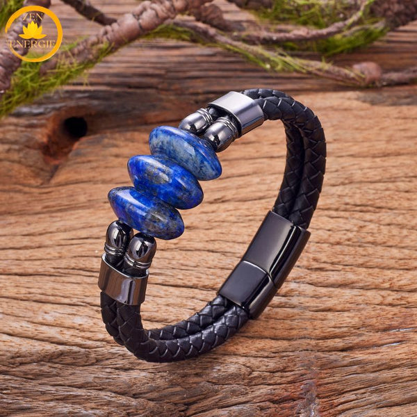 alt="Bracelet en cuir noir avec perles en lapis lazuli bleu et fermoir métallique noir"
