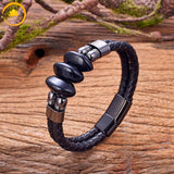 alt="Bracelet en cuir noir avec perles en agate noire et fermoir argenté"
